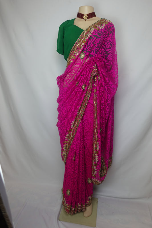Handwork Net Saree: Pink